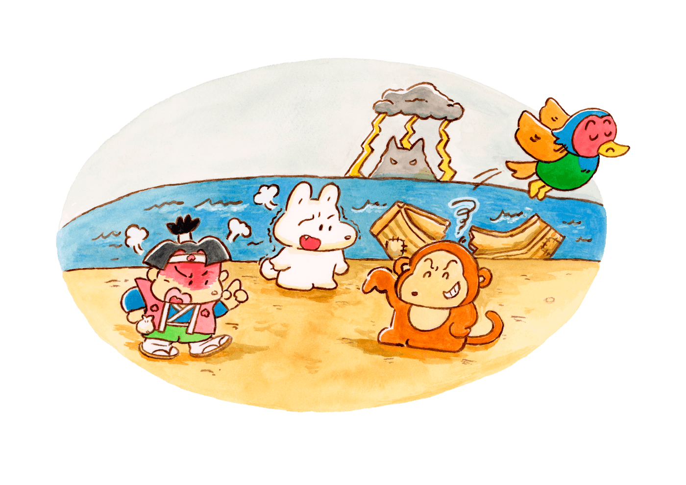 険悪な表情の桃太郎・犬・猿・キジが浜辺にいるイラスト